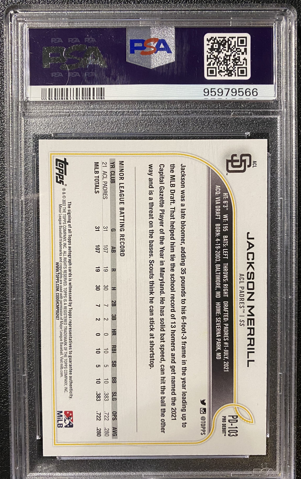 2022 Topps Pro Debut Jackson Merrill Auto PSA 10 GEM MINT #PD-103 Padres