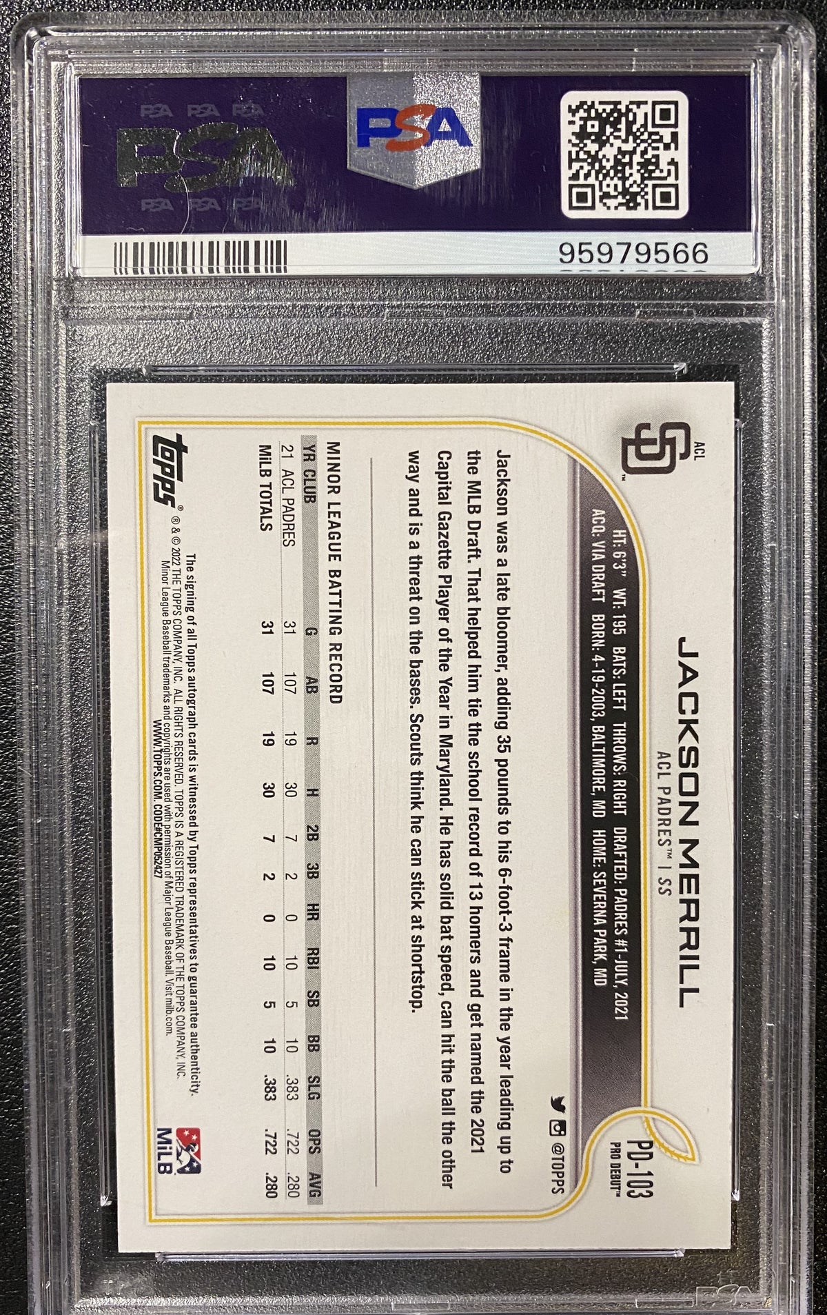 2022 Topps Pro Debut Jackson Merrill Auto PSA 10 GEM MINT #PD-103 Padres