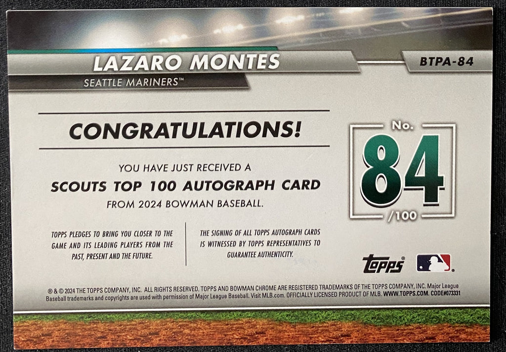 2024 Bowman Chrome Scouts Top 100 Lazaro Montes Refractor Auto /99 BTPA-84