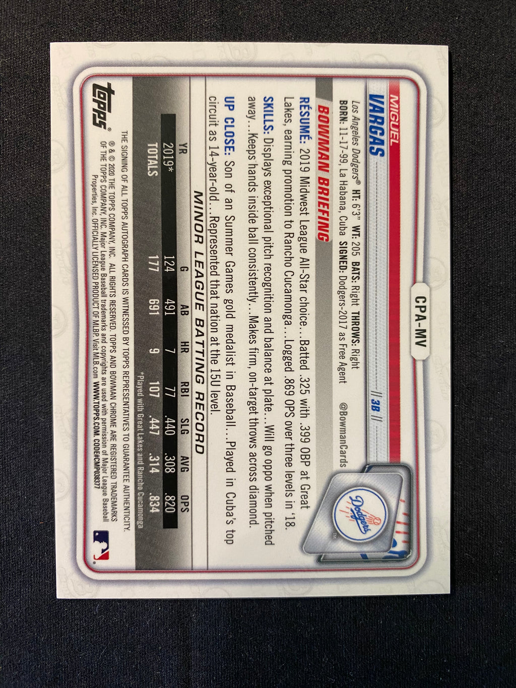 2020 Bowman Chrome Miguel Vargas Auto RC Autograph White Sox
