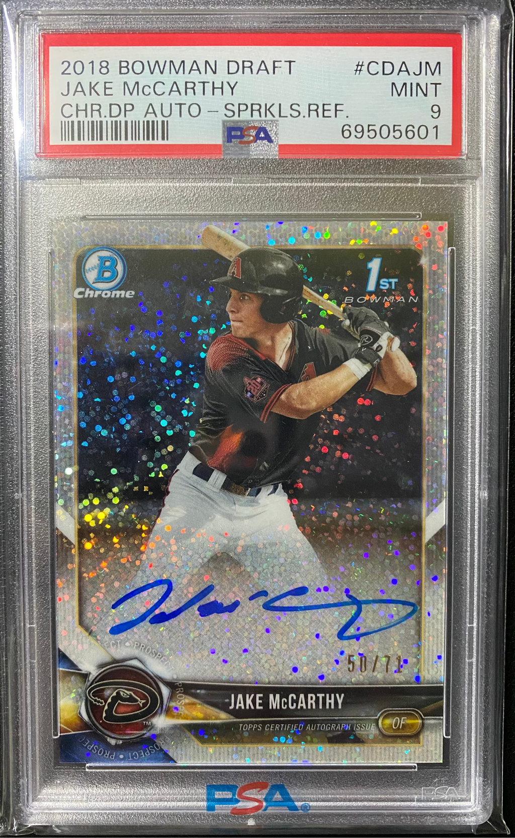 2018 Bowman Chrome Jake McCarthy Auto /71 PSA 9 Sparkle Refractor