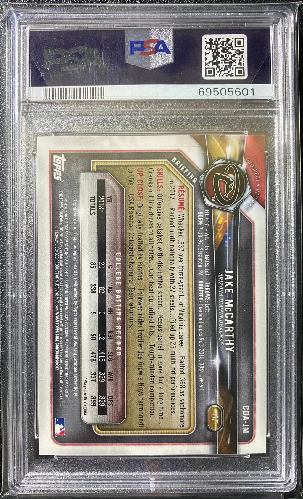 2018 Bowman Chrome Jake McCarthy Auto /71 PSA 9 Sparkle Refractor