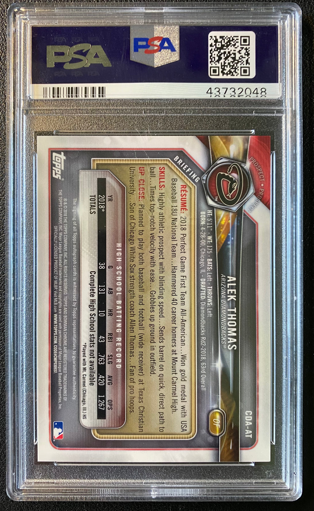 2018 Bowman Chrome Alek Thomas Auto PSA 10 RC