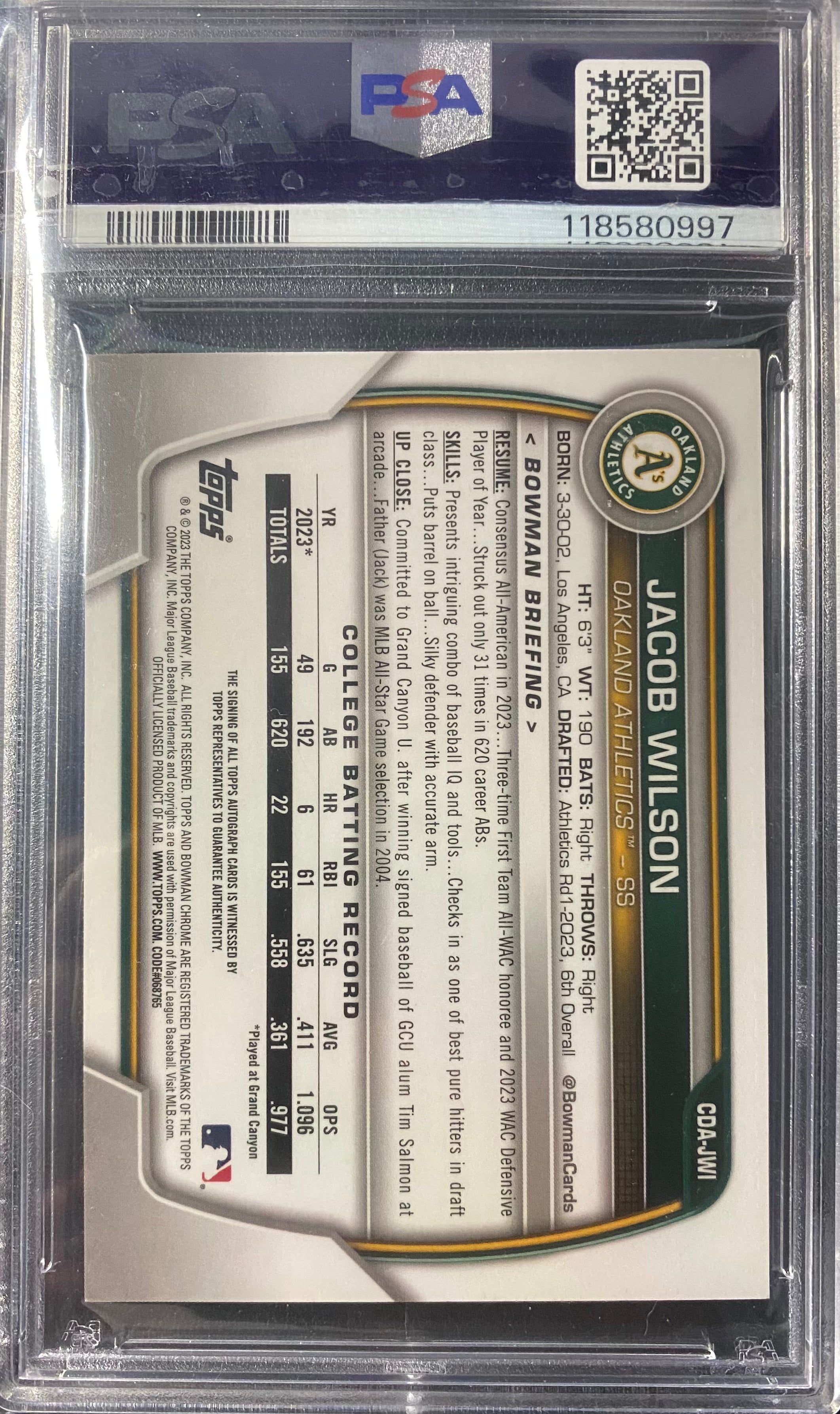 2023 Bowman Chrome Jacob Wilson Auto PSA 9 RC Autograph Draft Athletics A's