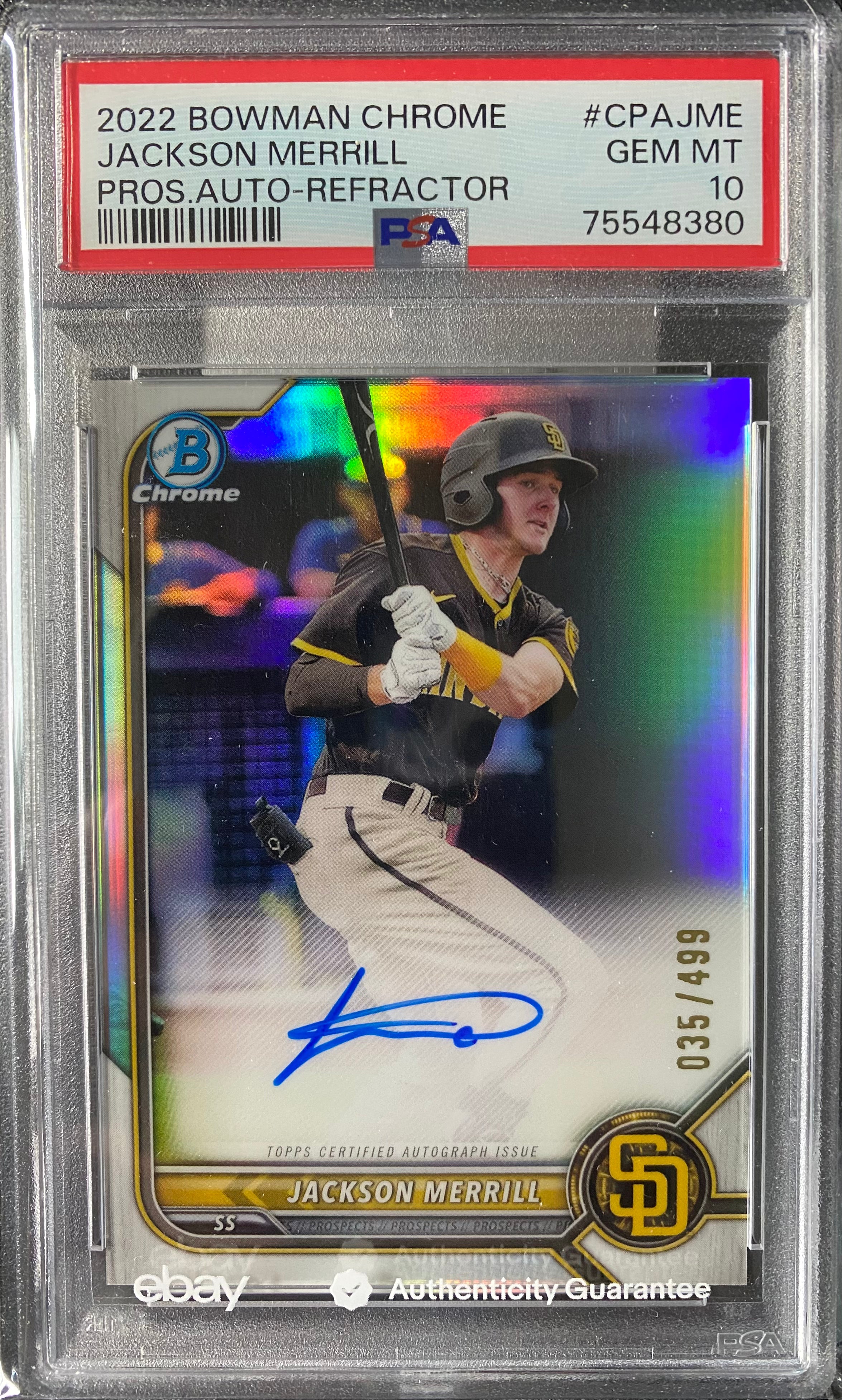 2022 Bowman Chrome Jackson Merrill Auto /499 Refractor PSA 10