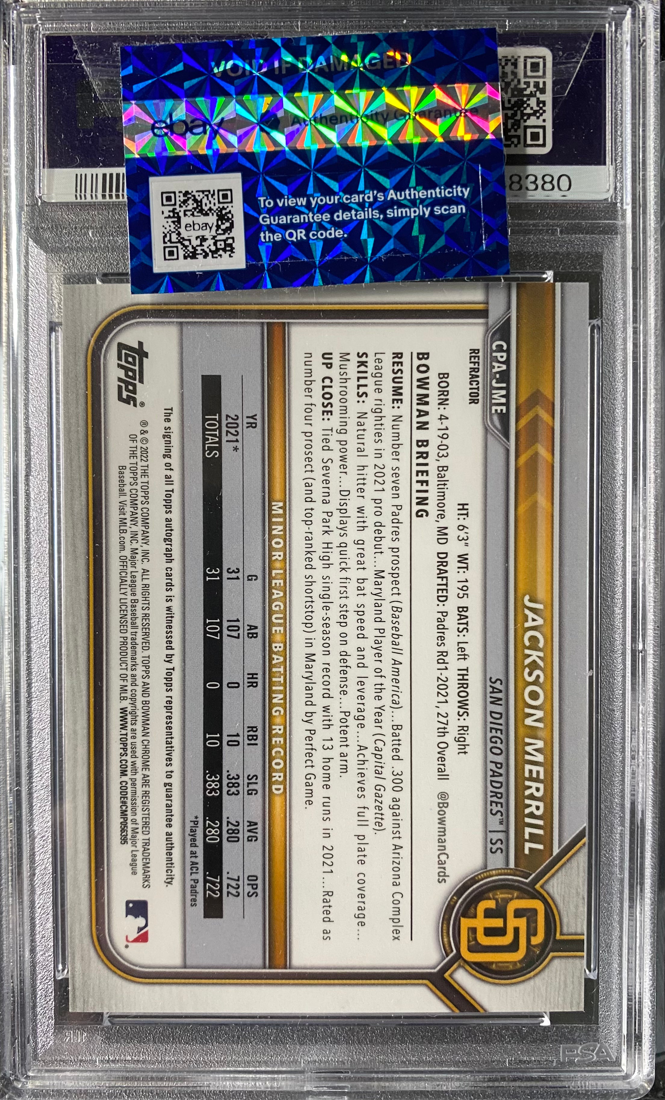 2022 Bowman Chrome Jackson Merrill Auto /499 Refractor PSA 10