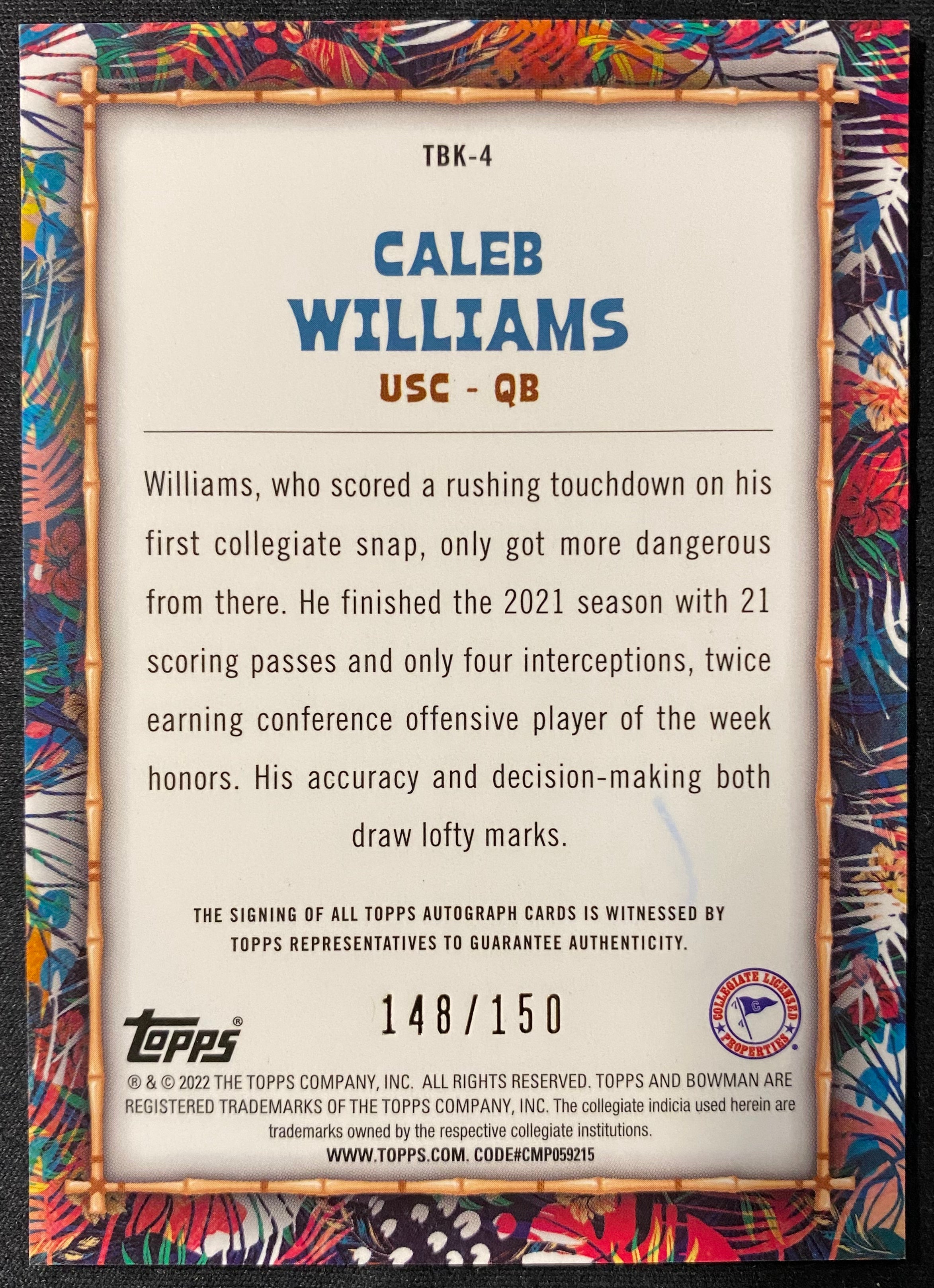 2022 Bowman U Big Kahuna Caleb Williams Auto /150 Chrome Autograph Bears USC