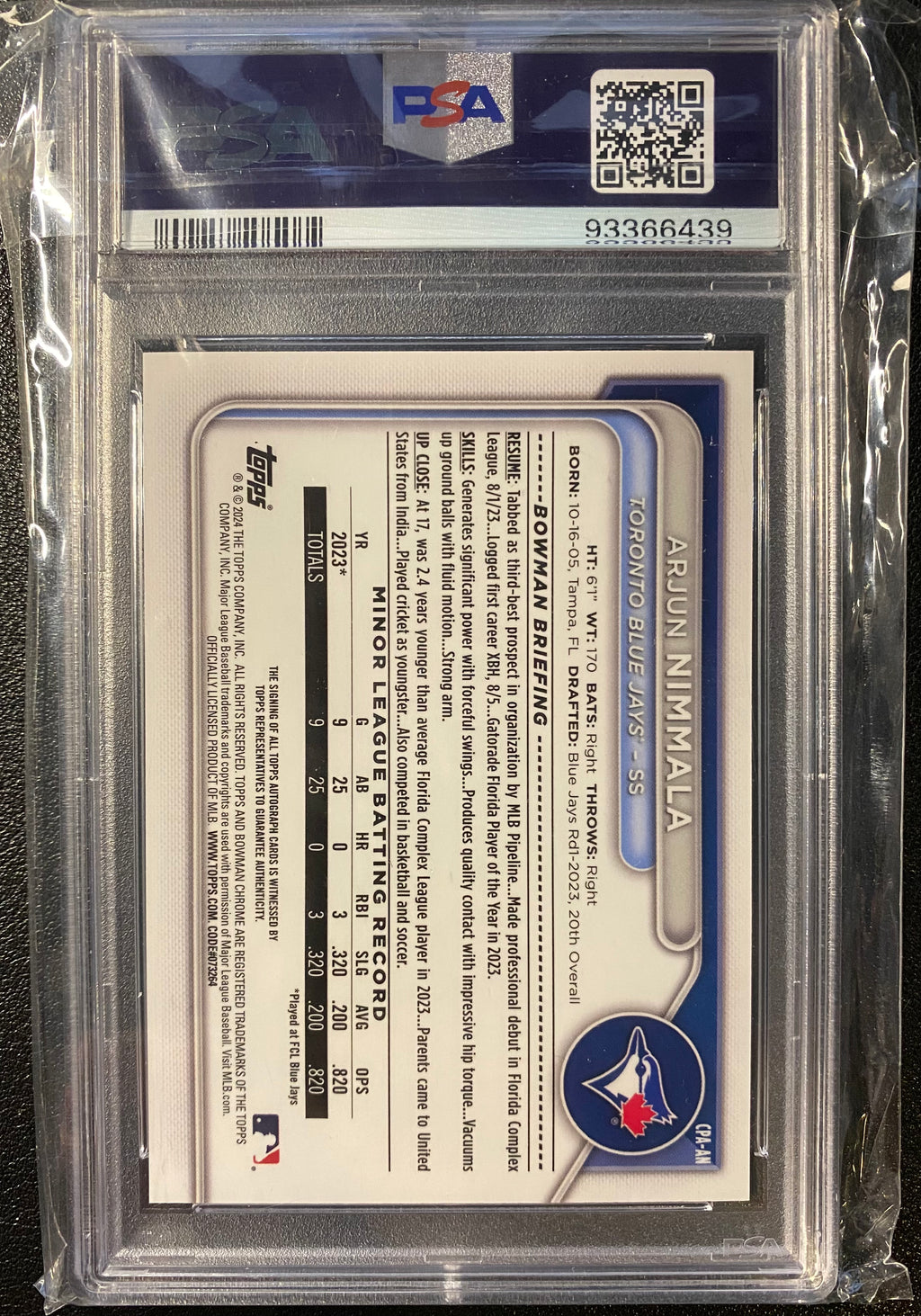 2024 Bowman Chrome Arjun Nimmala Auto PSA 10 RC Gem Blue Jays
