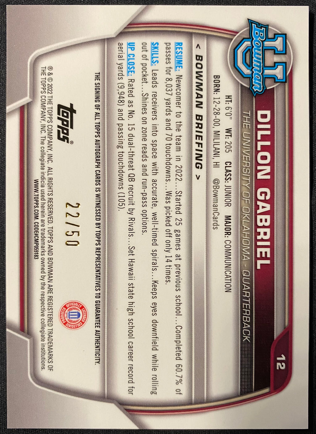 2022 Bowman Chrome Dillon Gabriel Auto /50 Gold Refractor Browns Autograph U