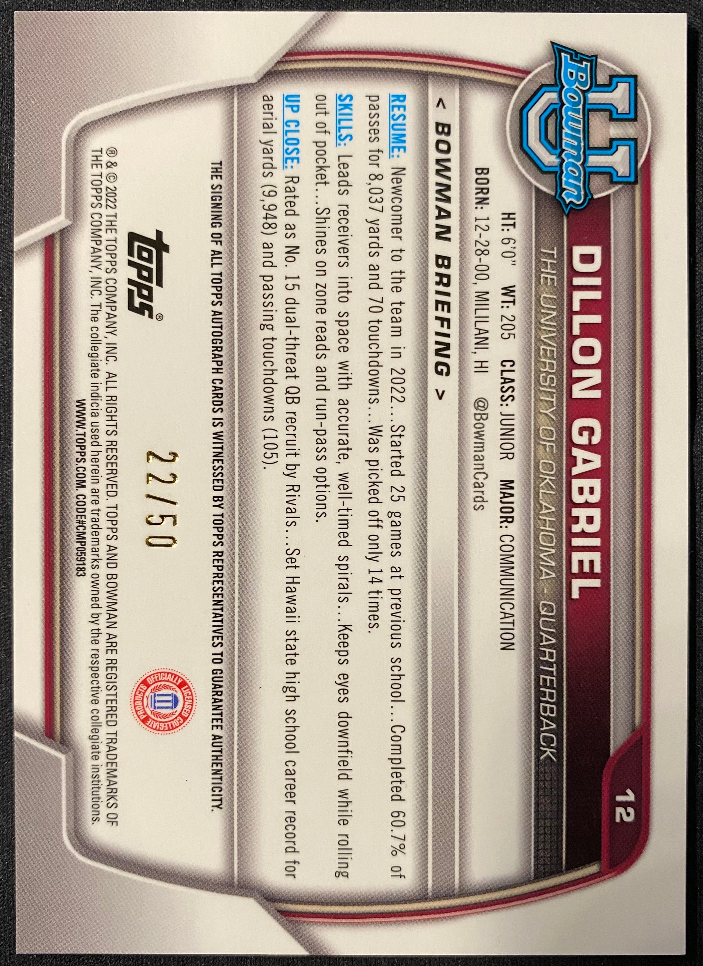 2022 Bowman Chrome Dillon Gabriel Auto /50 Gold Refractor Browns Autograph U