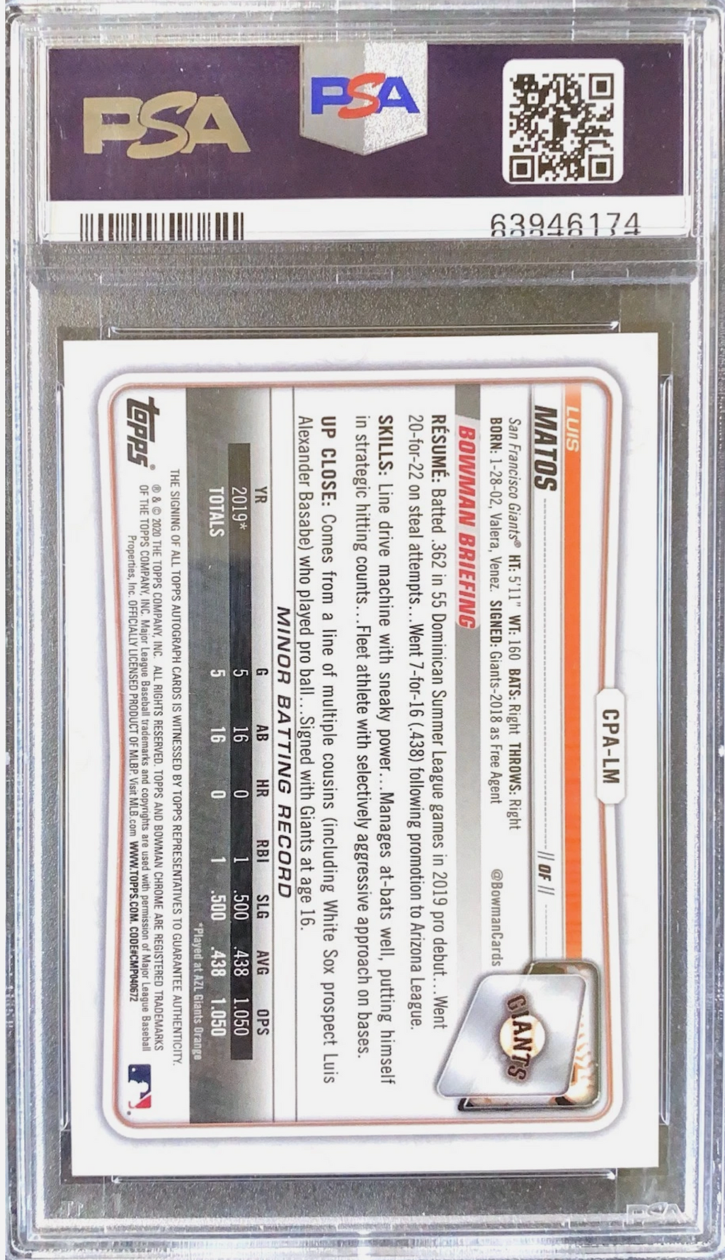 2020 Bowman Chrome Luis Matos Auto PSA 10 Gem Mint