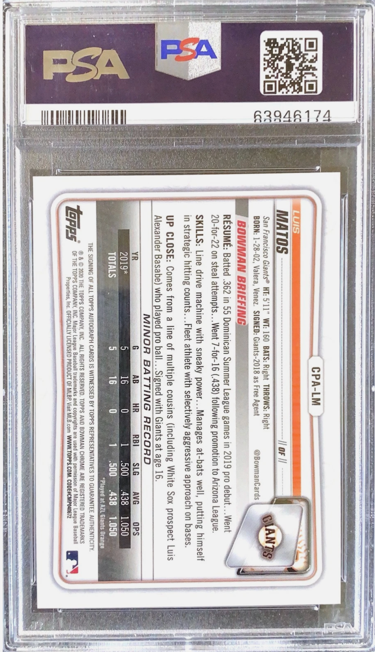 2020 Bowman Chrome Luis Matos Auto PSA 10 Gem Mint