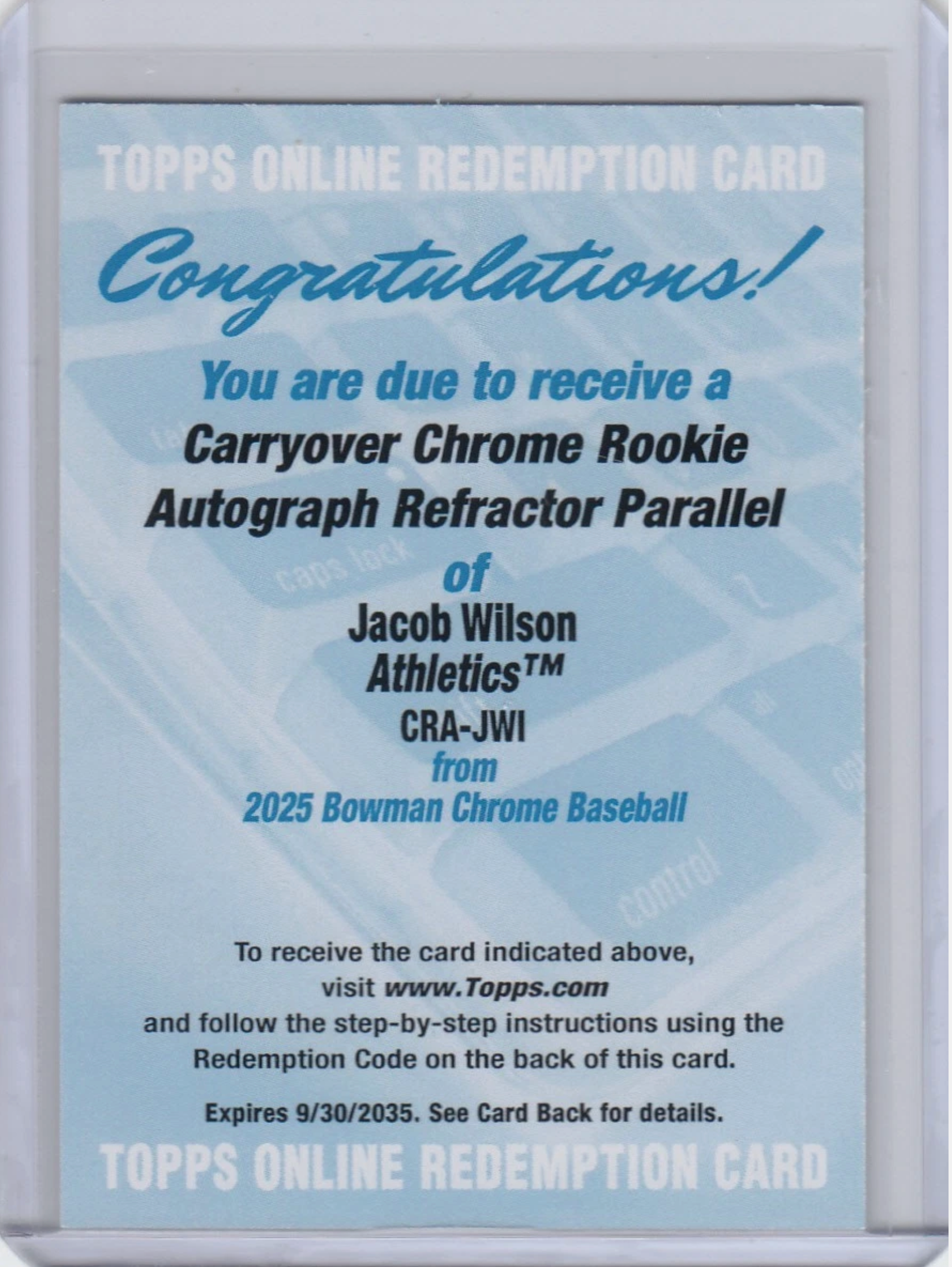 2025 Bowman Chrome Jacob Wilson Auto Refractor Carryover Autograph Redemption