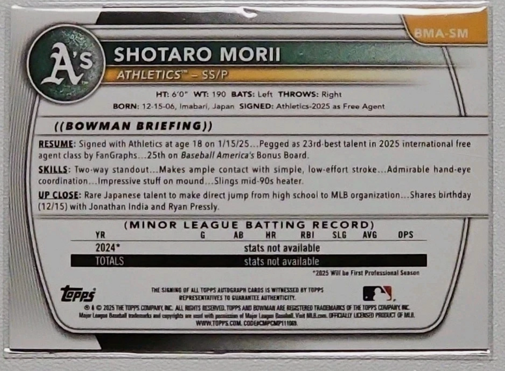 2025 Bowman Chrome Shotaro Morii Auto /150 Blue Mega Refractor RC Mojo Autograph