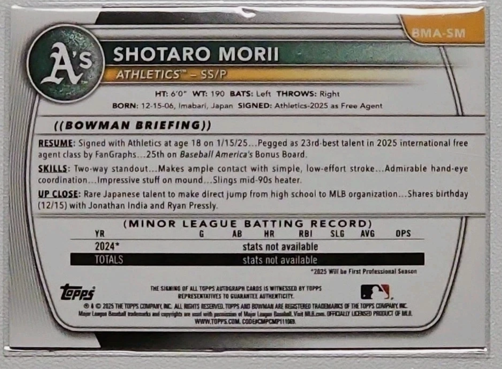 2025 Bowman Chrome Shotaro Morii Auto /150 Blue Mega Refractor RC Mojo Autograph