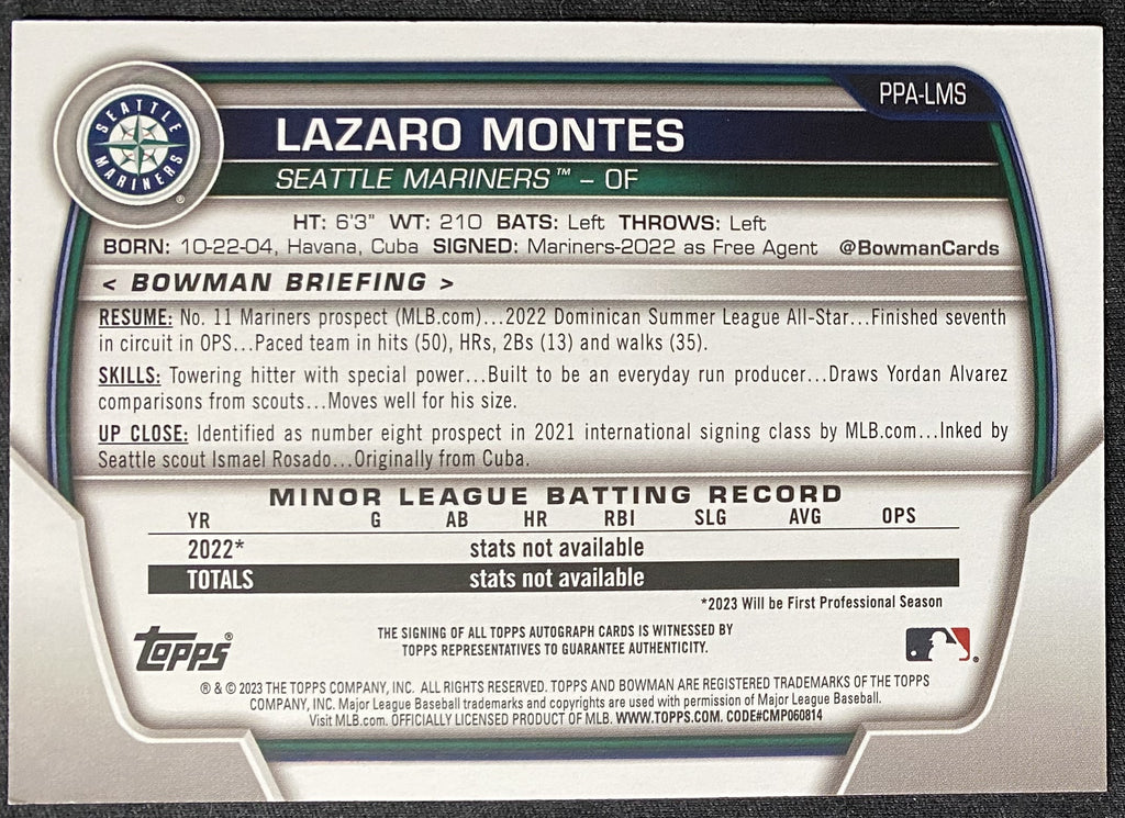 2023 Bowman Paper Prospects Lazaro Montes 1st Bowman Auto PPA-LMS Mariners